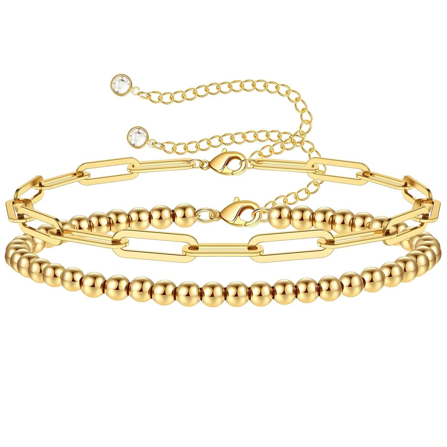 Gold layered bracelet set with paperclip chain and polished bead strand, made from stainless steel and finished in 18K gold PVD plating, waterproof and hypoallergenic.