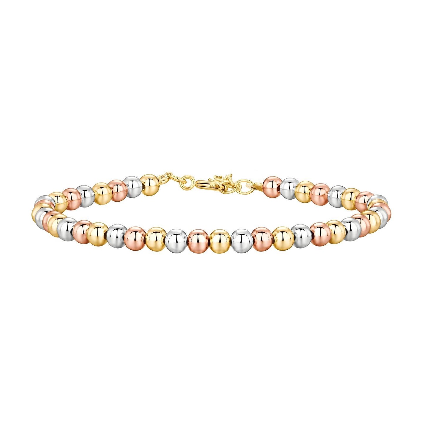 Tri-colour beaded bracelet with polished gold, rose gold, and silver stainless steel beads, 18K plated, waterproof and hypoallergenic.