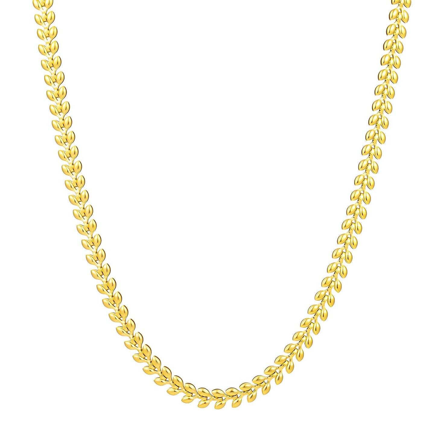 Gold leaf chain necklace with flat link design, made from stainless steel and 18K gold PVD plating, waterproof, hypoallergenic, and tarnish-free.