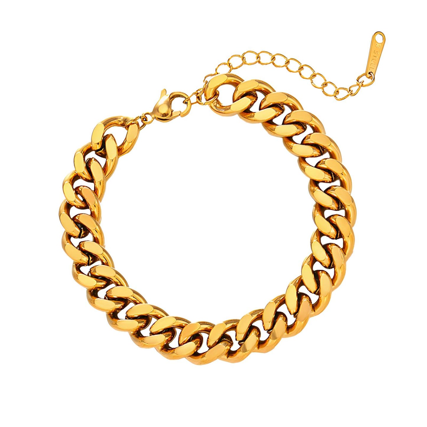 Chunky Cuban link bracelet made from stainless steel with 18K gold PVD plating, waterproof, hypoallergenic, and tarnish-resistant design.