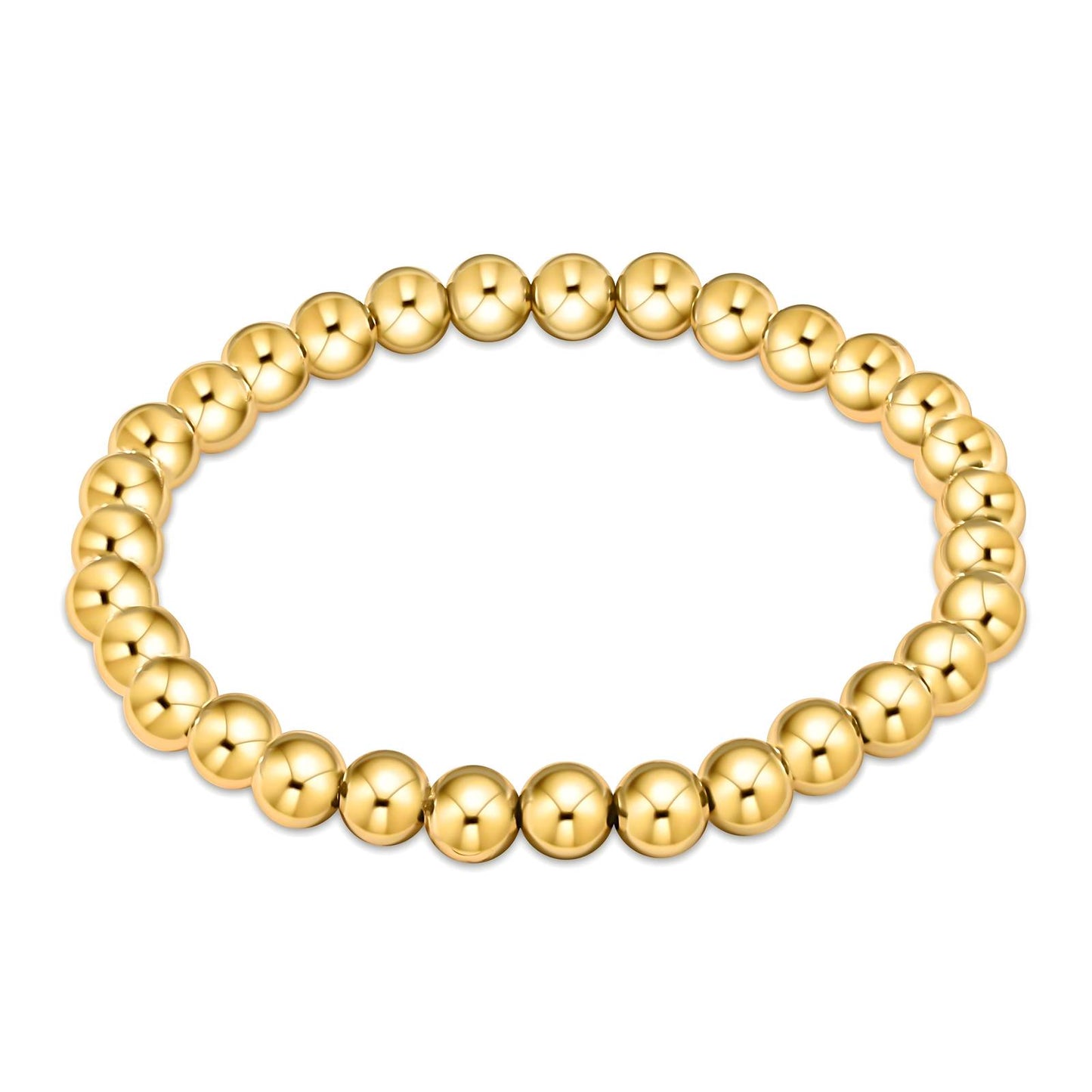 Gold beaded stretch bracelet made from stainless steel with 18K PVD gold plating, waterproof, hypoallergenic, and tarnish-resistant design.