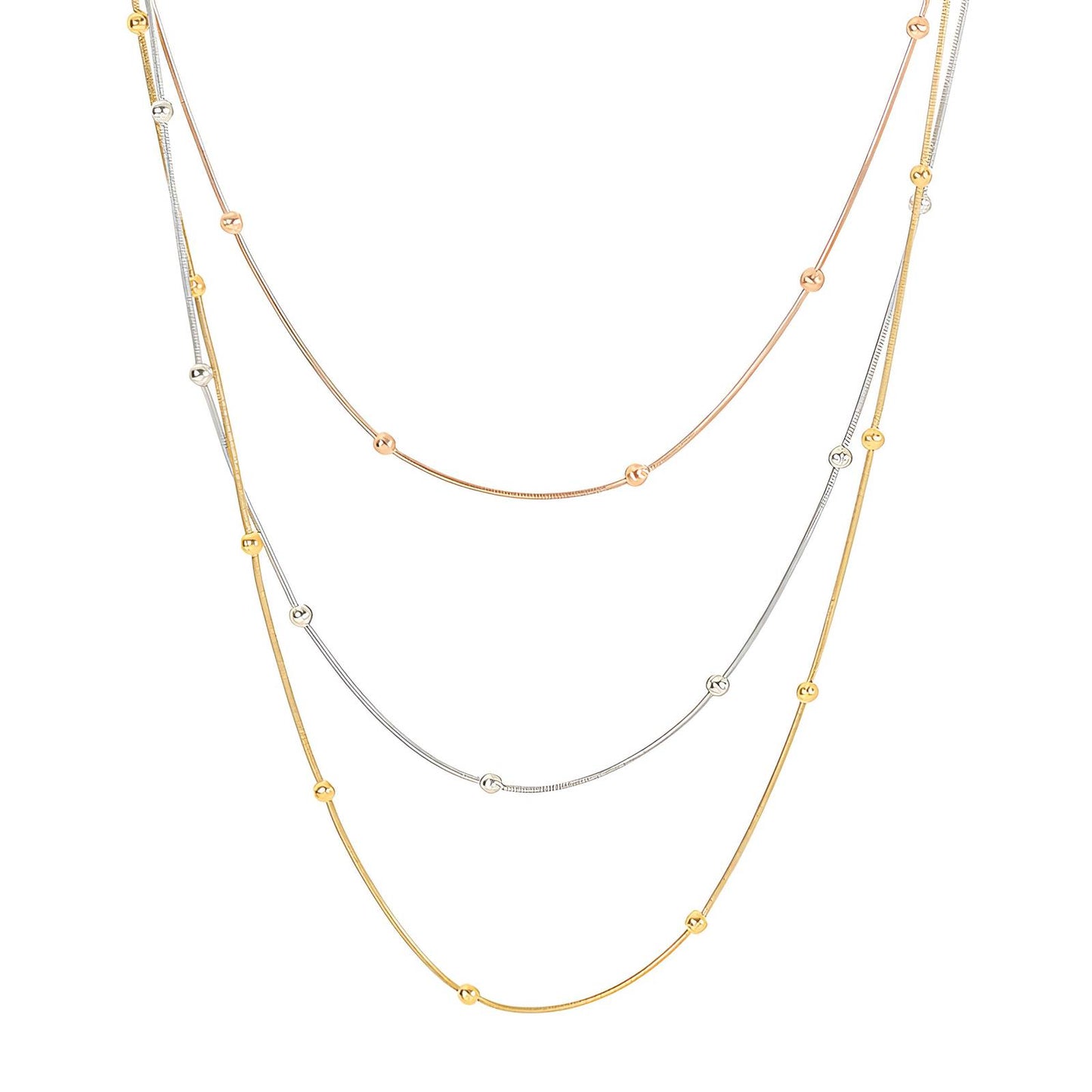 Flat-lay view of gold, silver, and rose gold beaded chain necklaces, made from stainless steel with 18K gold PVD plating, waterproof and hypoallergenic.