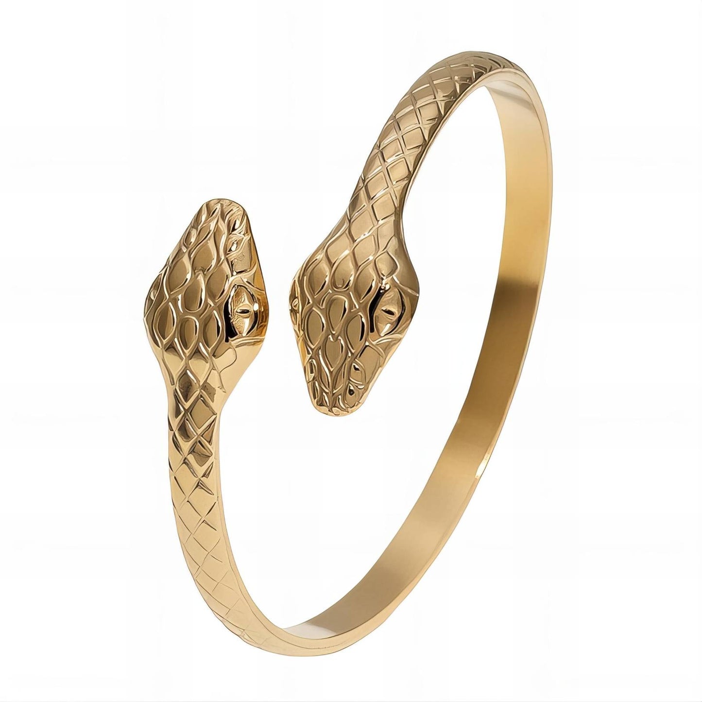 Gold snake bangle bracelet featuring two snake heads and engraved scales, made from stainless steel with 18K gold PVD plating, waterproof and hypoallergenic.
