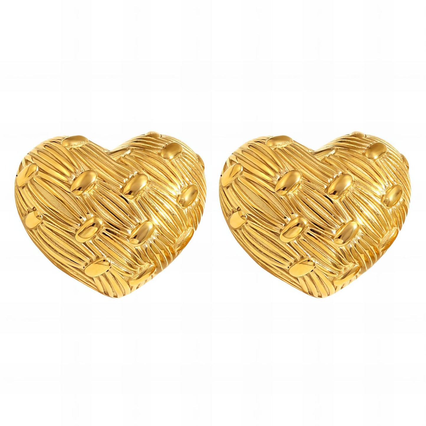Gold heart stud earrings with a textured finish, made from stainless steel and 18K gold PVD plating, waterproof, hypoallergenic, and tarnish-resistant.