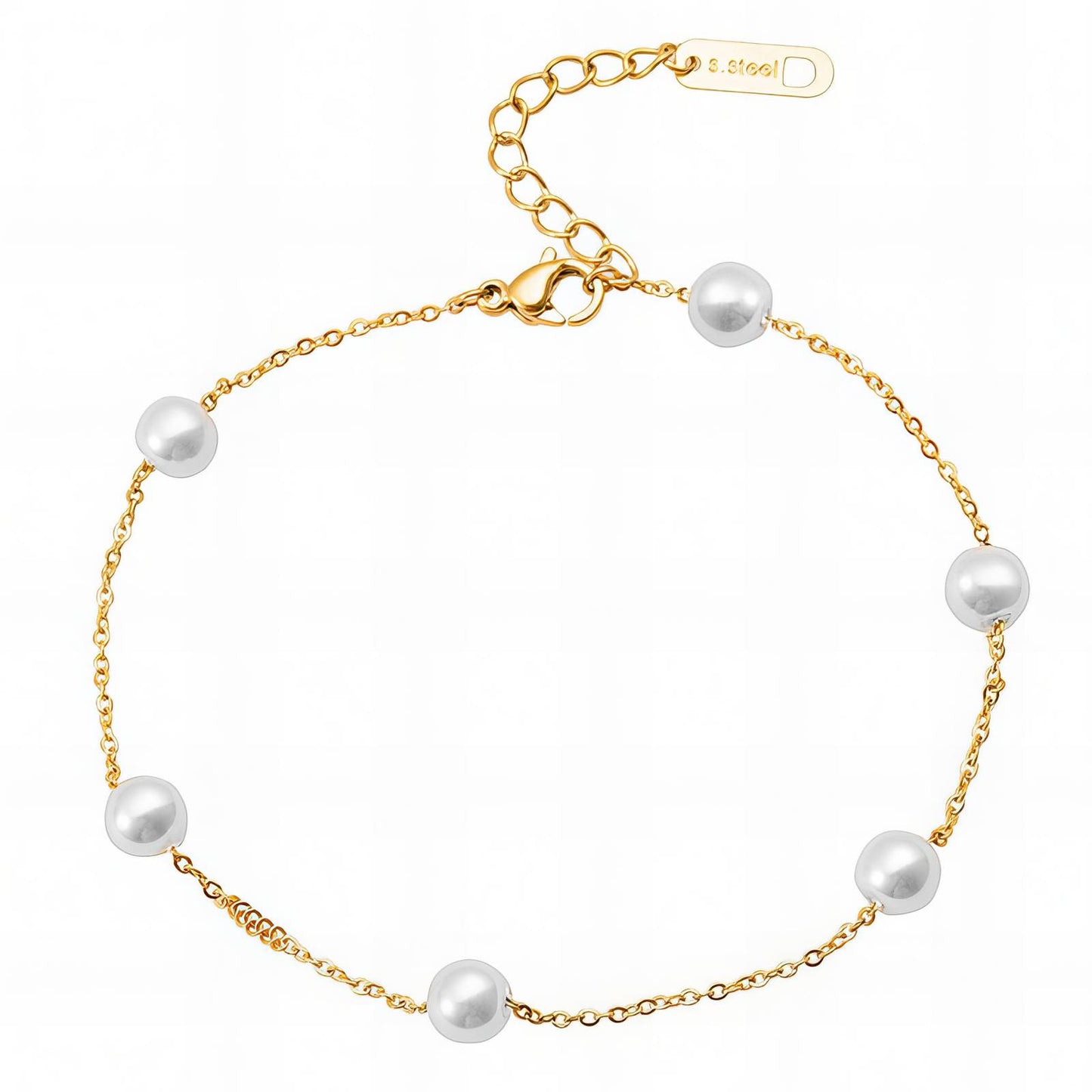 Gold chain bracelet with pearl imitation and rhinestone inserts – waterproof and hypoallergenic