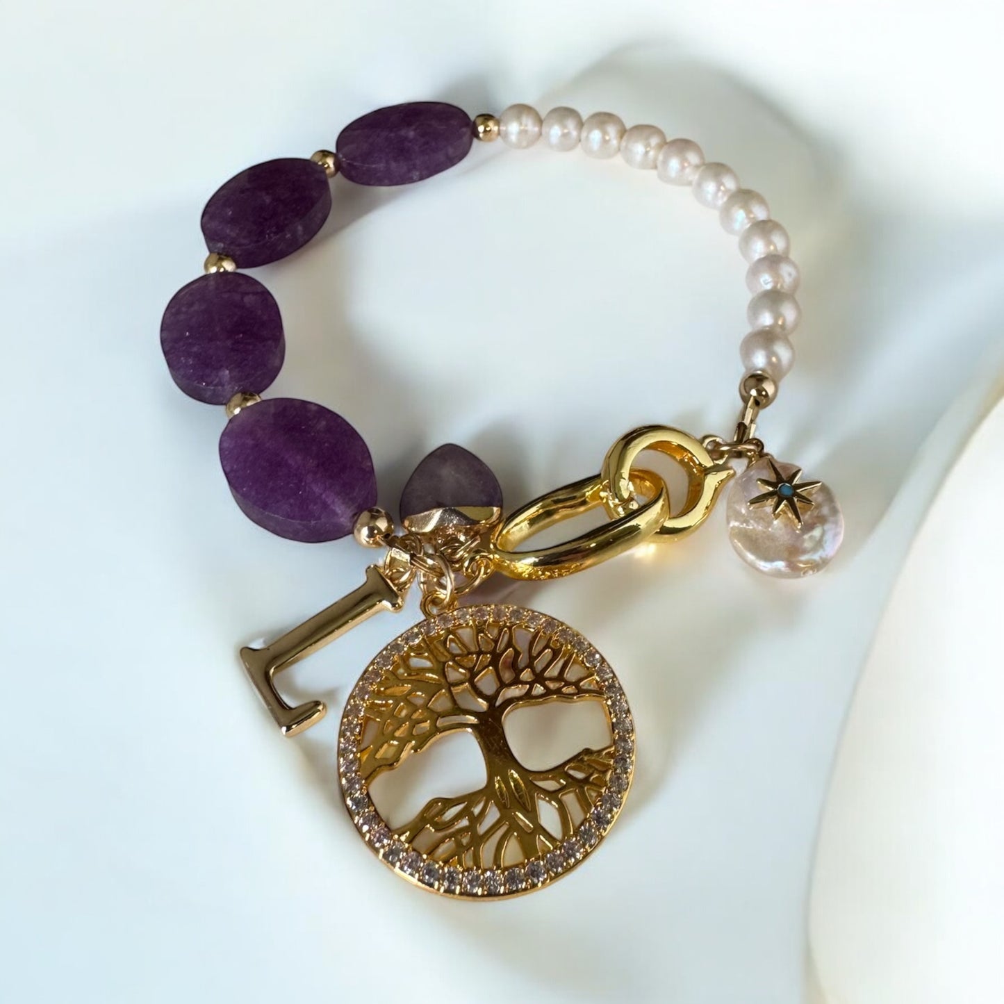Handmade Amethyst & Freshwater Pearl Bracelet 18K Gold