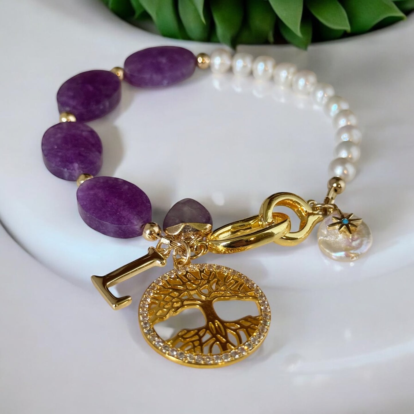 Handmade Amethyst & Freshwater Pearl Bracelet 18K Gold
