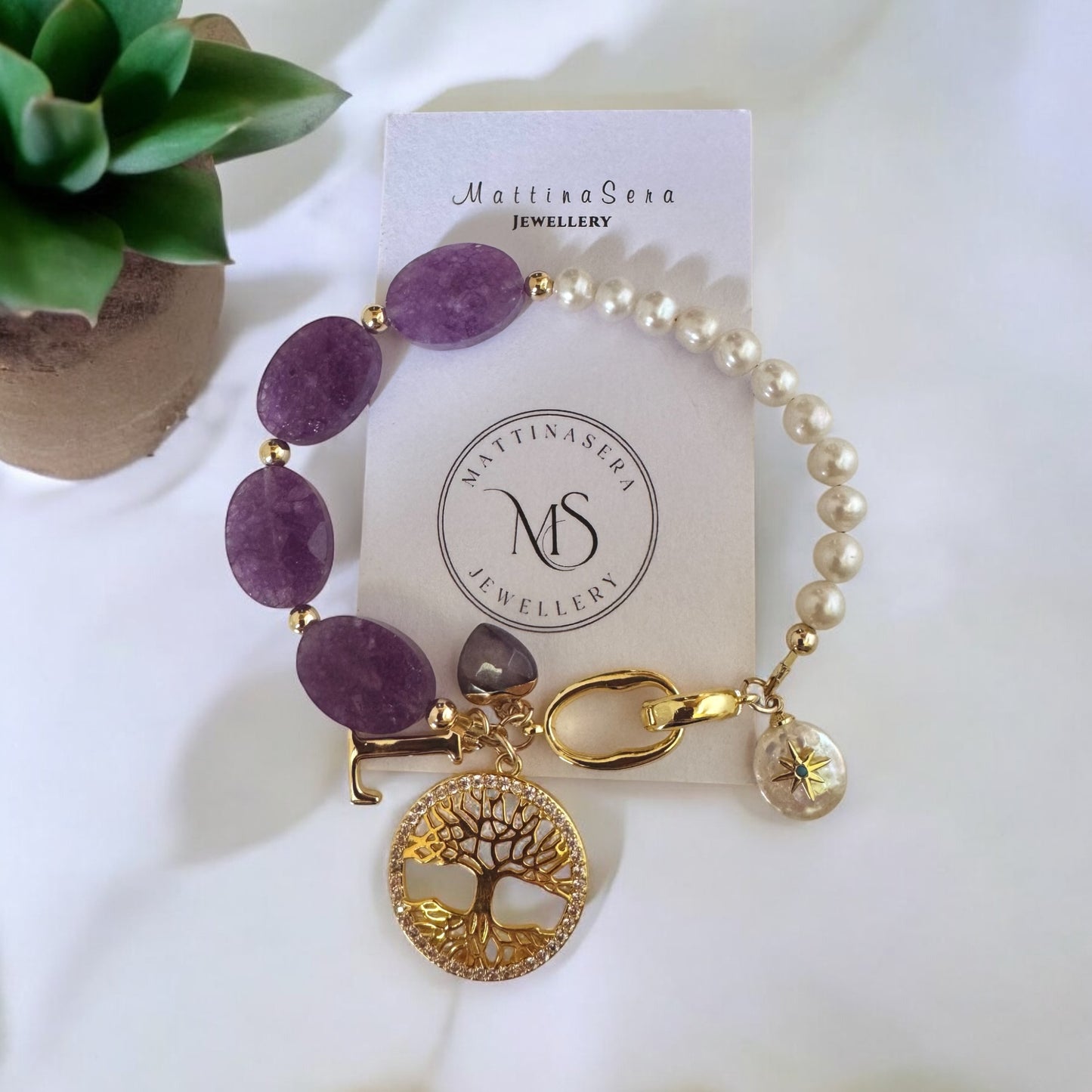 Handmade Amethyst & Freshwater Pearl Bracelet 18K Gold