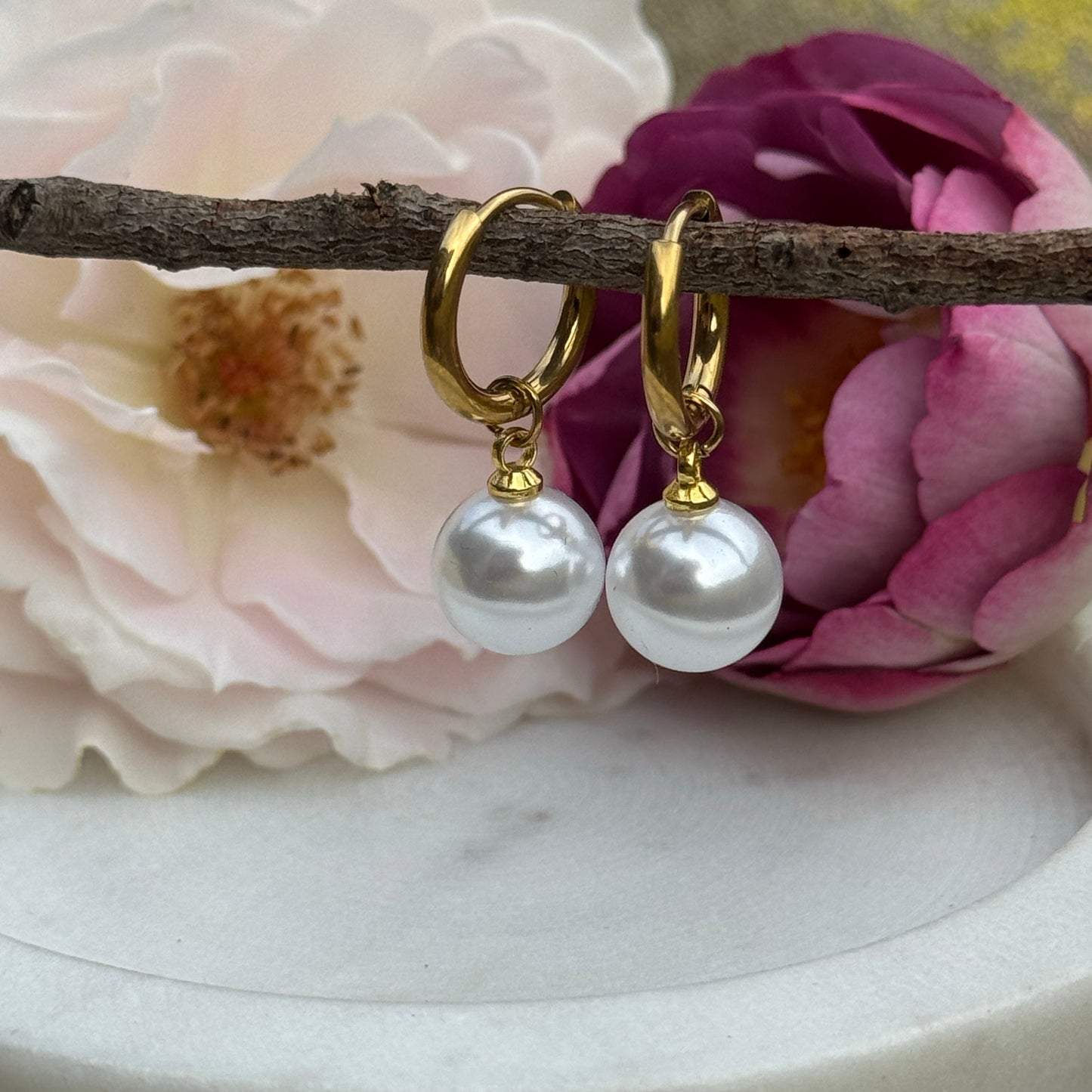 Gold Pearl Drop Earrings – Waterproof & Hypoallergenic