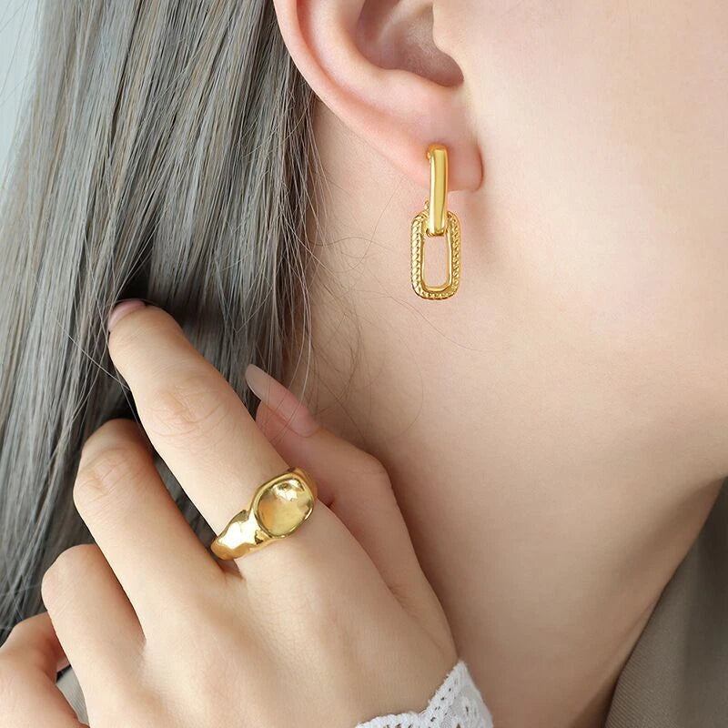 Gold Textured Link Drop Earrings – 18K Gold PVD, Waterproof & Hypoallergenic