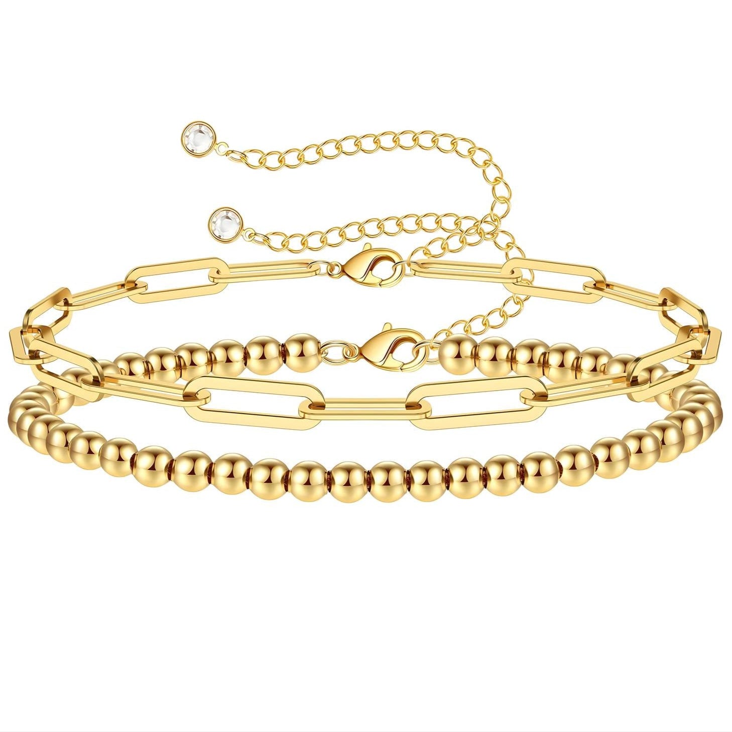 Gold layered bracelet set with paperclip chain and polished bead strand, made from stainless steel and finished in 18K gold PVD plating, waterproof and hypoallergenic.