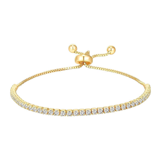 Gold adjustable bracelet with cubic zirconia stones – waterproof, hypoallergenic, and tarnish-free PVD plating