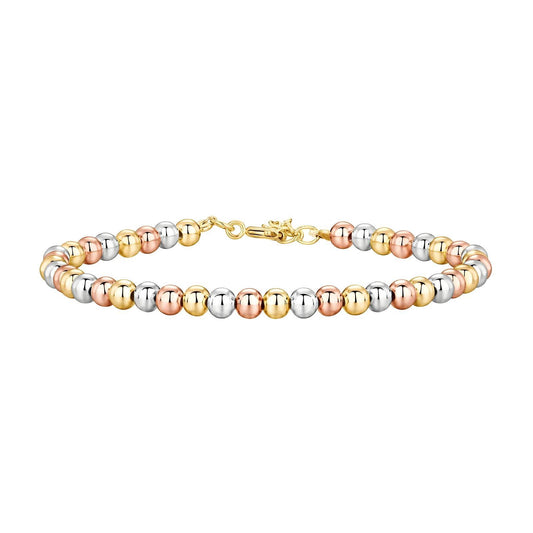 Tri-colour beaded bracelet with polished gold, rose gold, and silver stainless steel beads, 18K plated, waterproof and hypoallergenic.