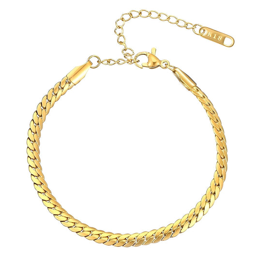 Flat Curb Chain Bracelet – 18K Gold PVD, Stainless Steel, Waterproof & Hypoallergenic