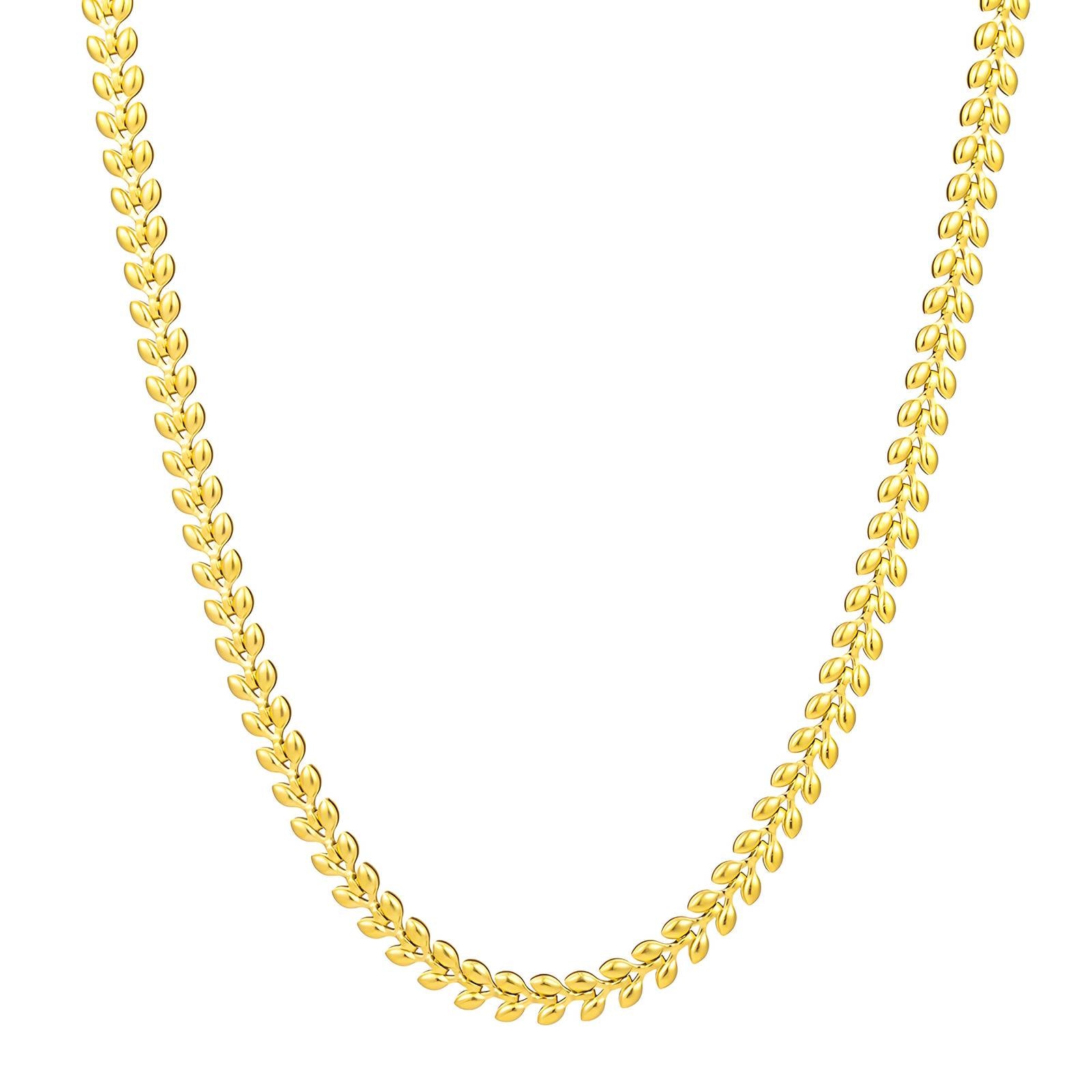 Gold leaf chain necklace with flat link design, made from stainless steel and 18K gold PVD plating, waterproof, hypoallergenic, and tarnish-free.