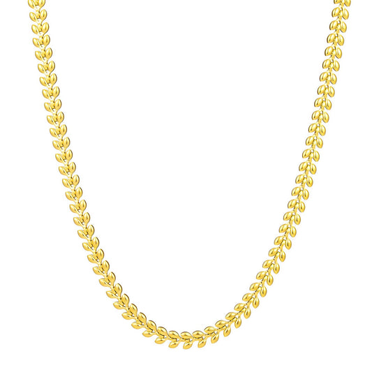 Gold leaf chain necklace with flat link design, made from stainless steel and 18K gold PVD plating, waterproof, hypoallergenic, and tarnish-free.