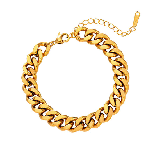 Chunky Cuban link bracelet made from stainless steel with 18K gold PVD plating, waterproof, hypoallergenic, and tarnish-resistant design.