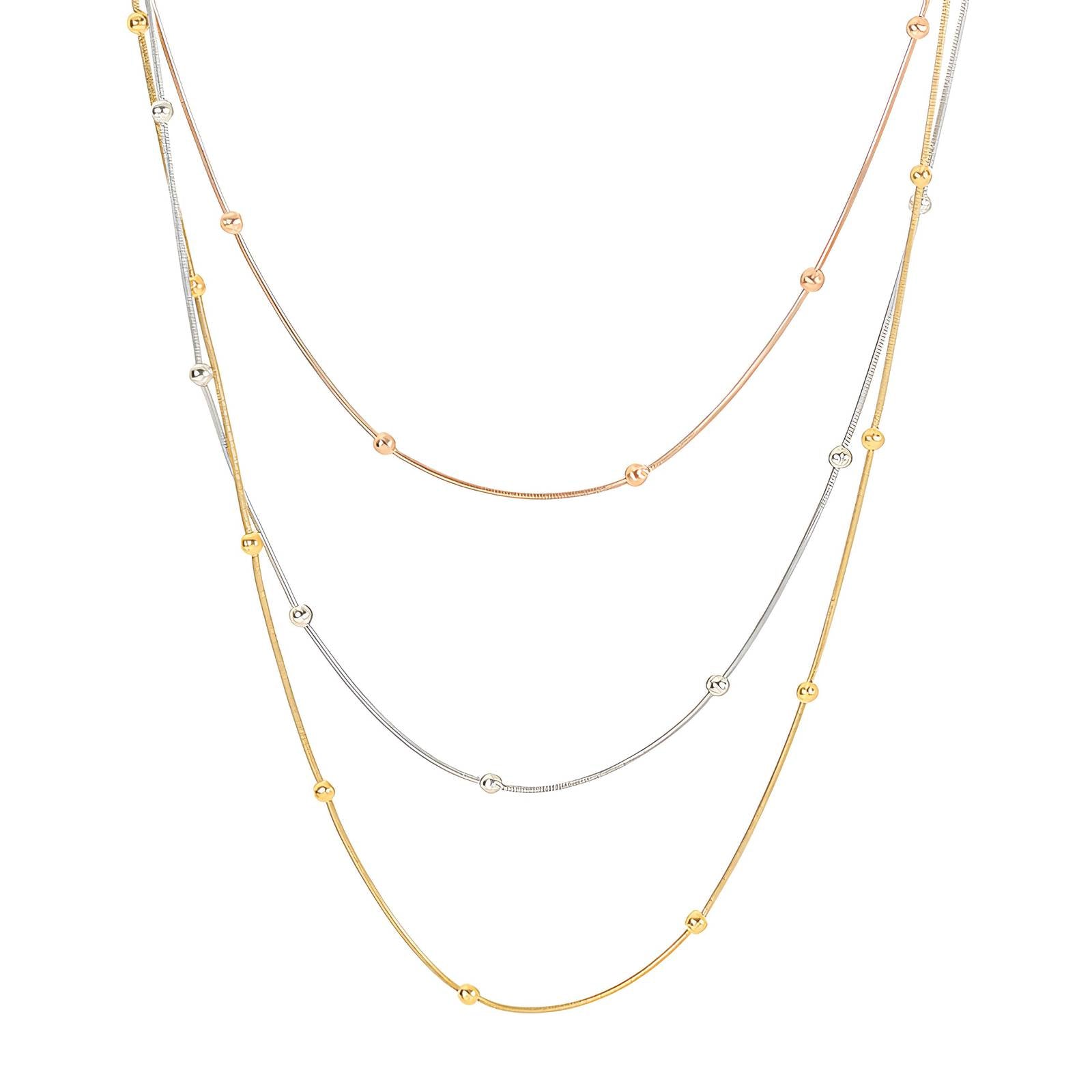 Flat-lay view of gold, silver, and rose gold beaded chain necklaces, made from stainless steel with 18K gold PVD plating, waterproof and hypoallergenic.