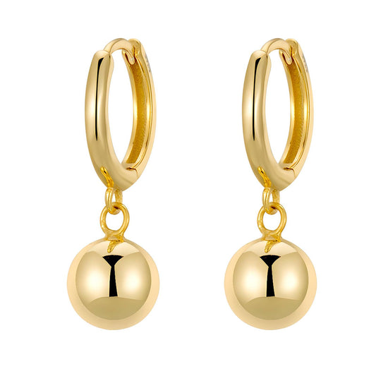 Gold ball drop hoop earrings made of stainless steel with 18K PVD gold plating, featuring a minimalist round charm and waterproof.
