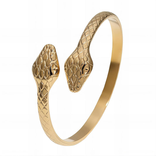 Gold snake bangle bracelet featuring two snake heads and engraved scales, made from stainless steel with 18K gold PVD plating, waterproof and hypoallergenic.