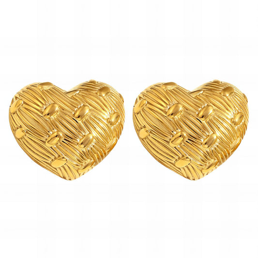 Gold heart stud earrings with a textured finish, made from stainless steel and 18K gold PVD plating, waterproof, hypoallergenic, and tarnish-resistant.