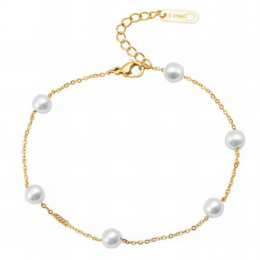 Gold chain bracelet with pearl imitation and rhinestone inserts – waterproof and hypoallergenic