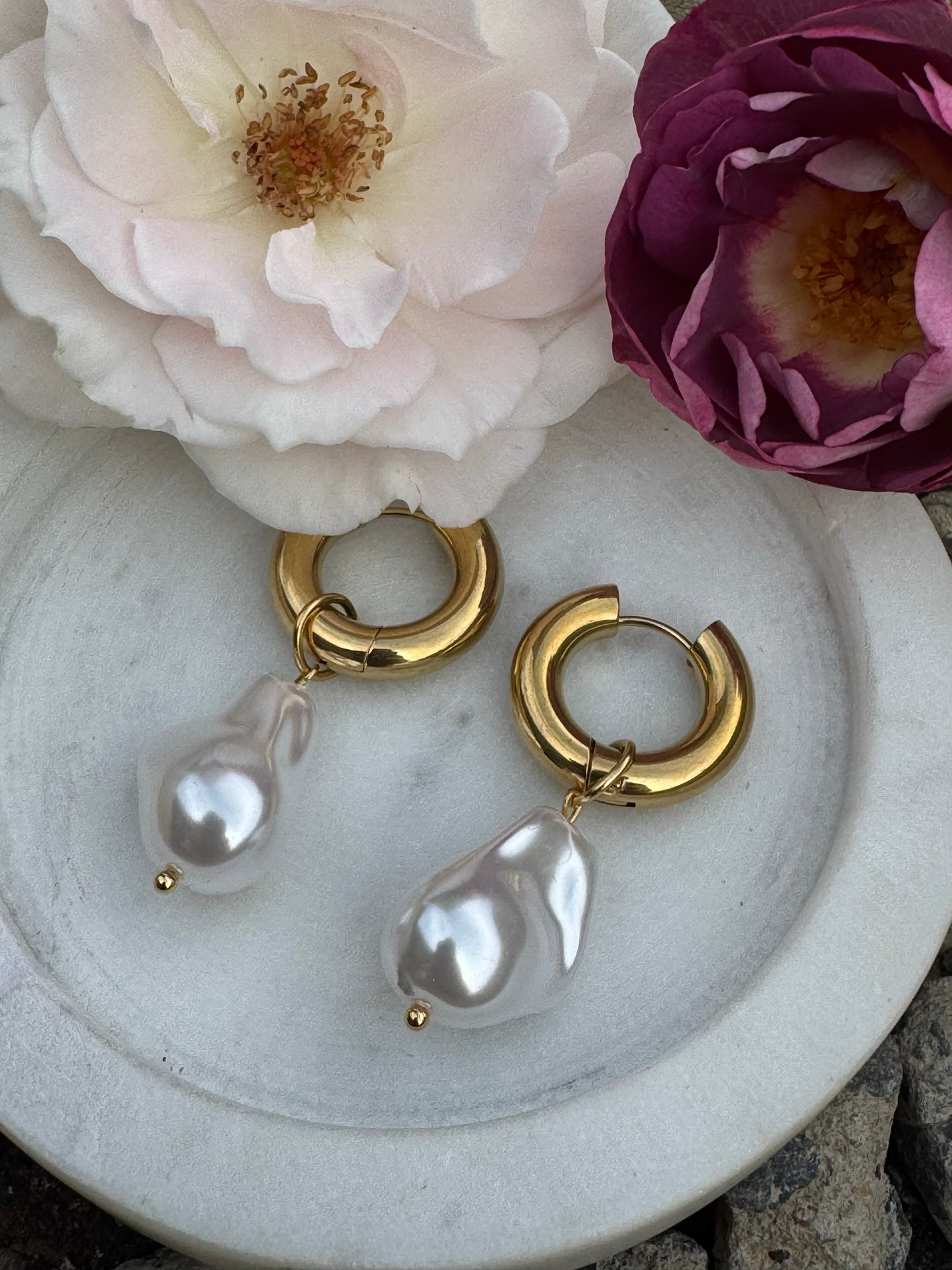 Baroque Pearl Hoop Earrings 18k Gold Plated waterproof Pearl Earrings perfect for brides wedding day.